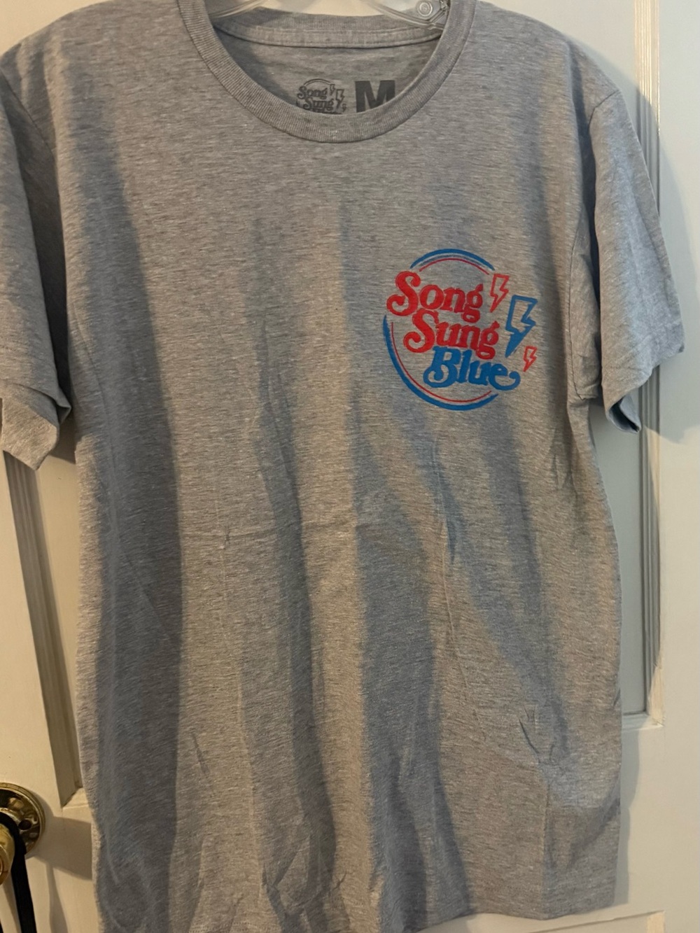 Song Sung Blue Graphic Tee - Light Gray with Red & Blue Logo Size Medium